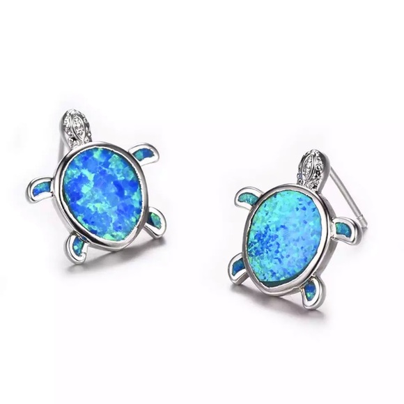 Sterling Silver Blue Opal Turtle Earrings - Picture 2 of 2